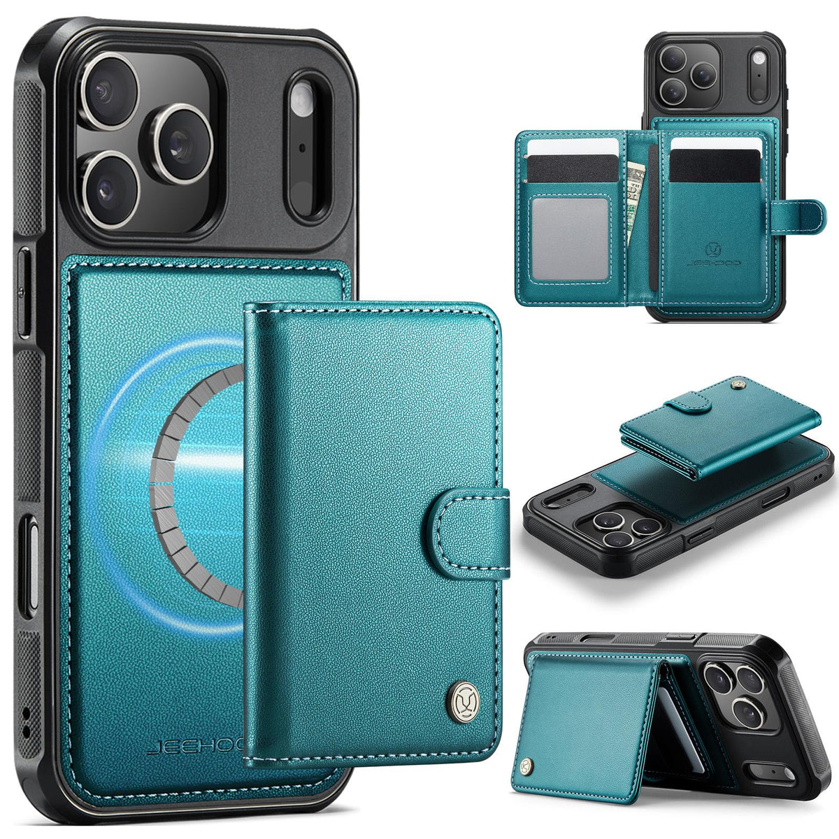Compatible with iPhone 18 Pro JEEHOOD J09 Buckle Card Bag MagSafe Magnetic Style RFID Leather Phone Case - Green