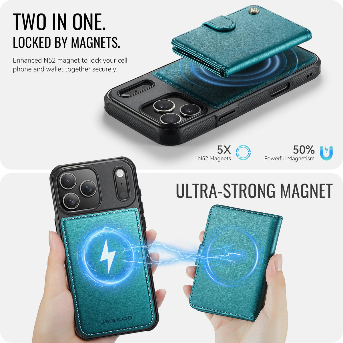 Compatible with iPhone 18 Pro JEEHOOD J09 Buckle Card Bag MagSafe Magnetic Style RFID Leather Phone Case - Green