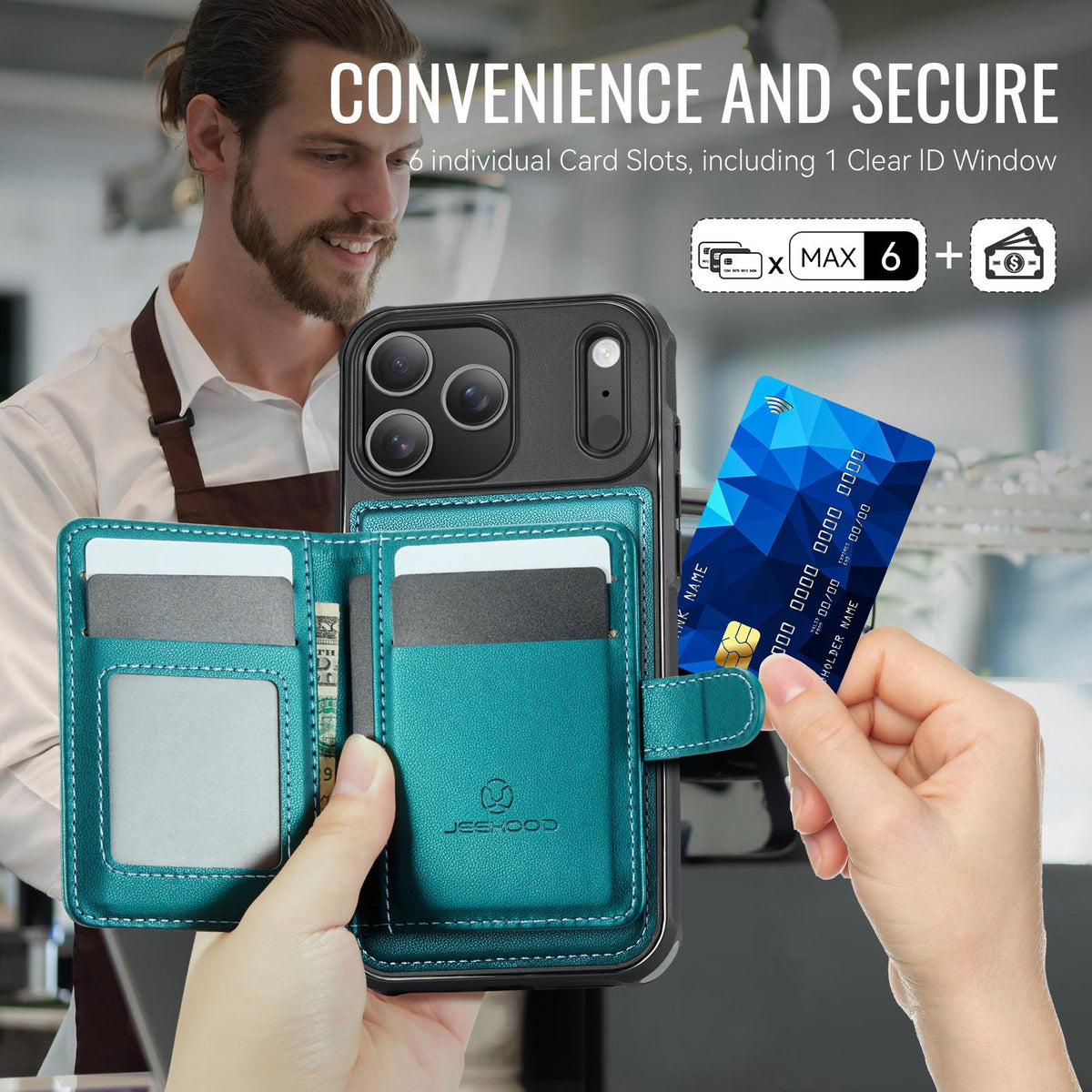 Compatible with iPhone 18 Pro JEEHOOD J09 Buckle Card Bag MagSafe Magnetic Style RFID Leather Phone Case - Green