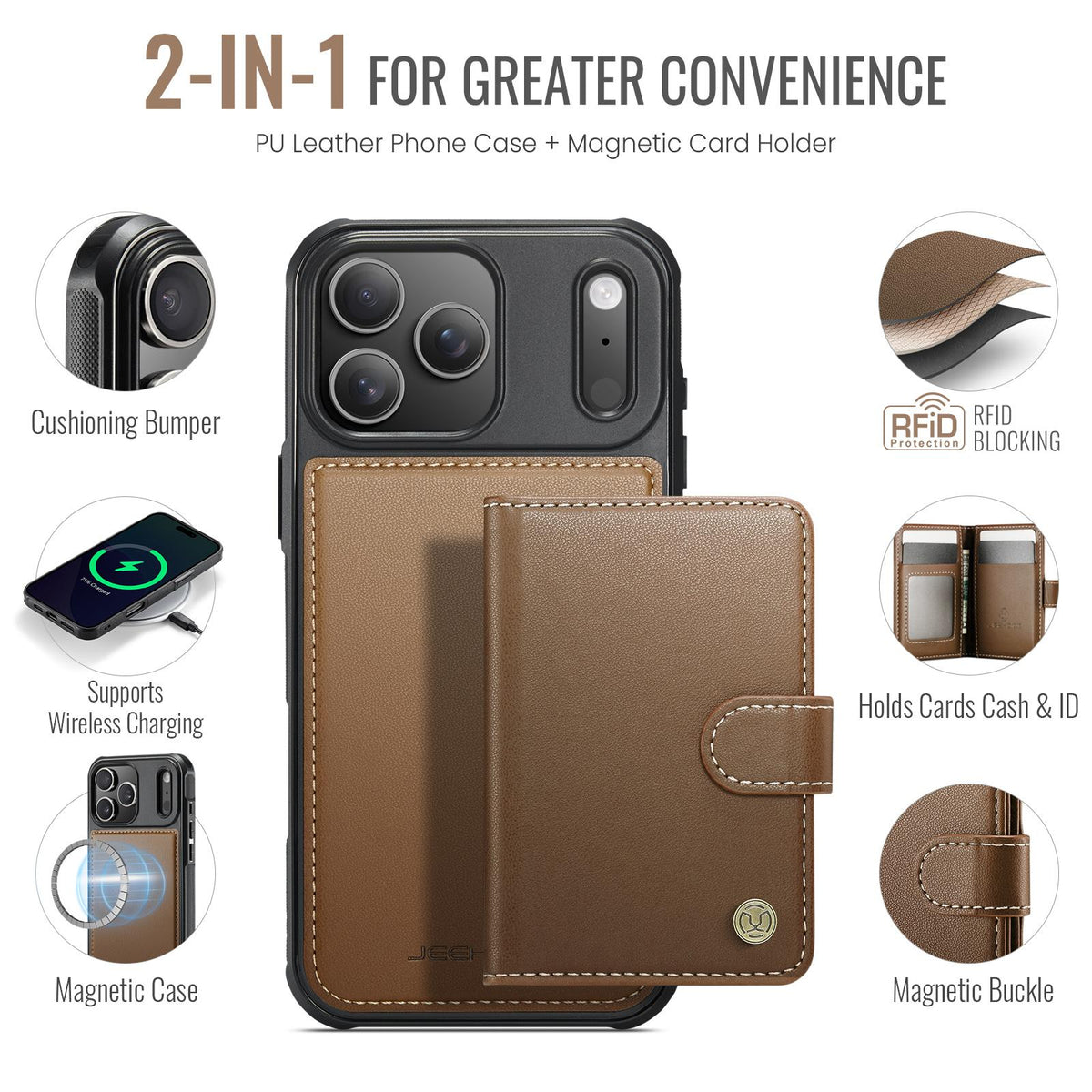 Compatible with iPhone 18 Pro JEEHOOD J09 Buckle Card Bag MagSafe Magnetic Style RFID Leather Phone Case - Brown