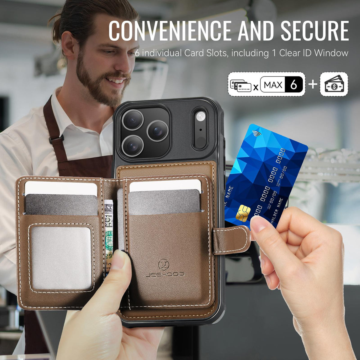 Compatible with iPhone 18 Pro JEEHOOD J09 Buckle Card Bag MagSafe Magnetic Style RFID Leather Phone Case - Brown