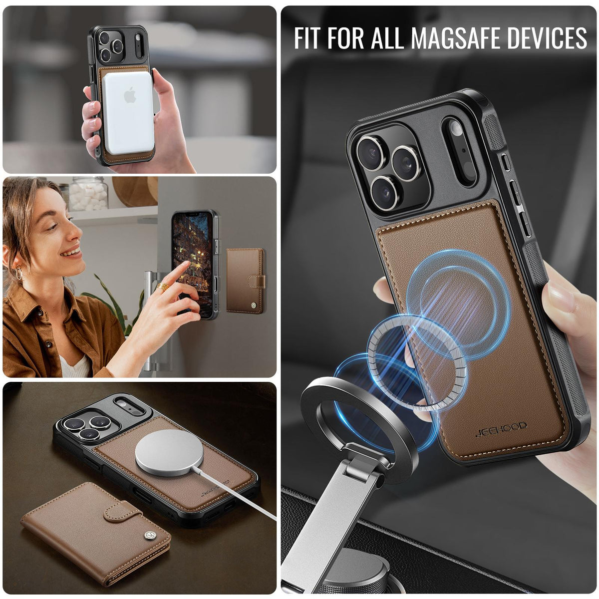 Compatible with iPhone 18 Pro JEEHOOD J09 Buckle Card Bag MagSafe Magnetic Style RFID Leather Phone Case - Brown