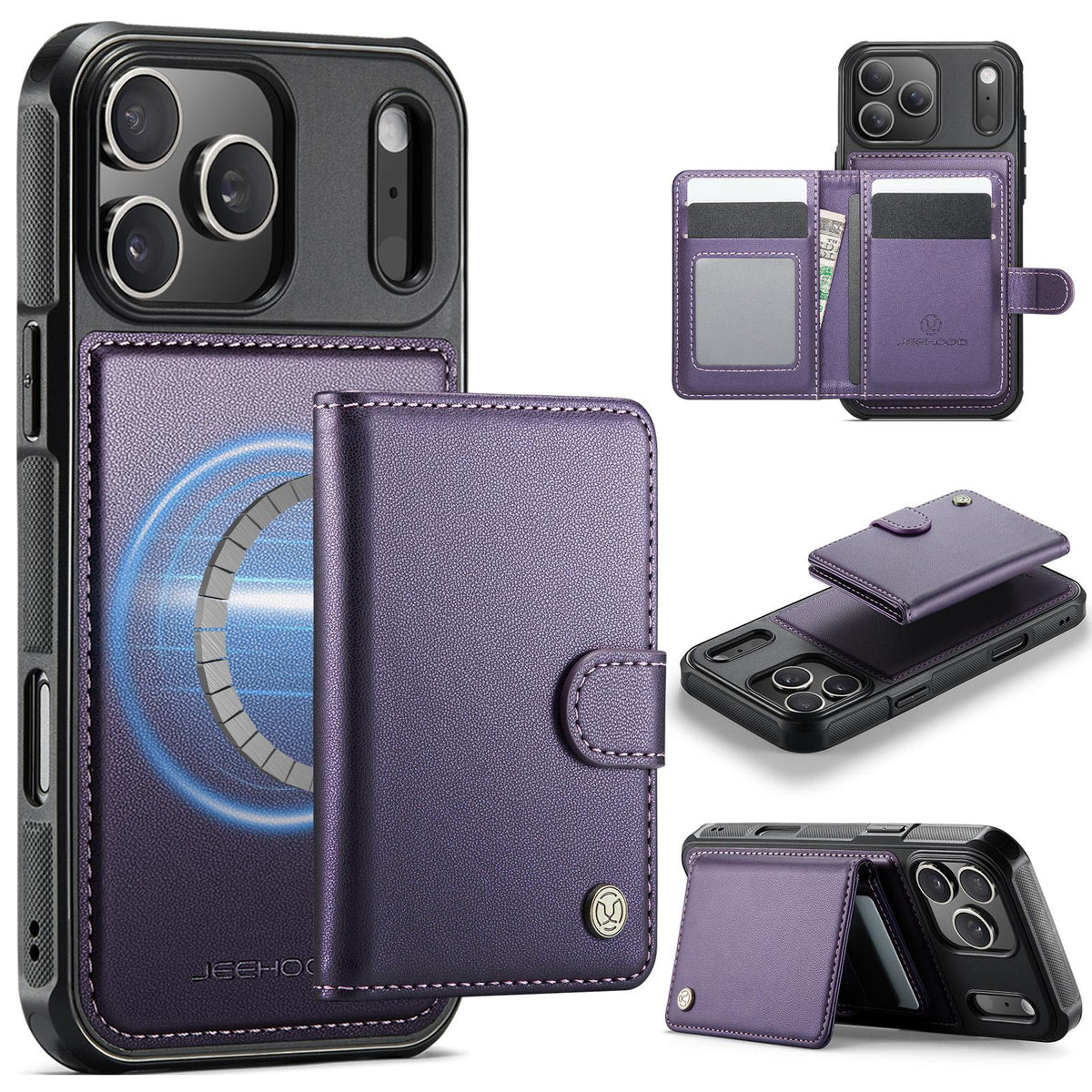 Compatible with iPhone 18 Pro Max JEEHOOD J09 Buckle Card Bag MagSafe Magnetic Style RFID Leather Phone Case - Purple