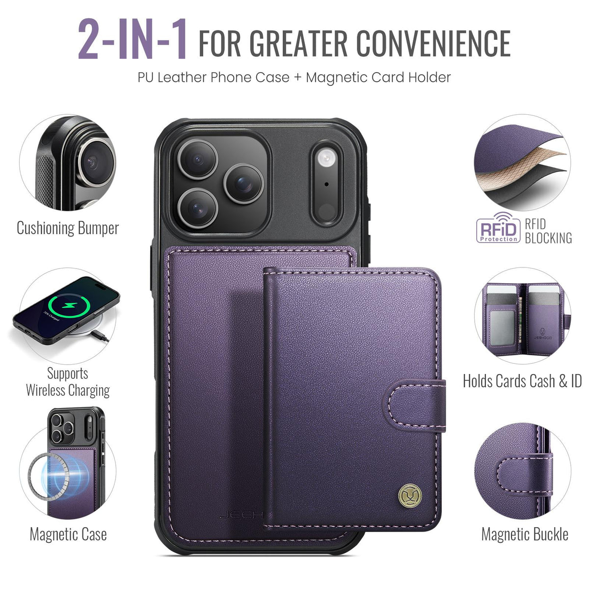 Compatible with iPhone 18 Pro Max JEEHOOD J09 Buckle Card Bag MagSafe Magnetic Style RFID Leather Phone Case - Purple