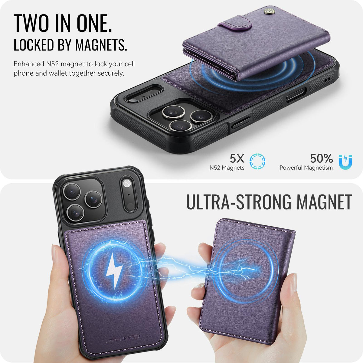 Compatible with iPhone 18 Pro Max JEEHOOD J09 Buckle Card Bag MagSafe Magnetic Style RFID Leather Phone Case - Purple