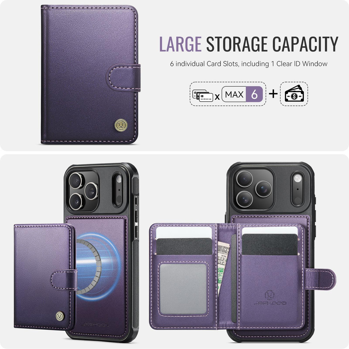 Compatible with iPhone 18 Pro Max JEEHOOD J09 Buckle Card Bag MagSafe Magnetic Style RFID Leather Phone Case - Purple