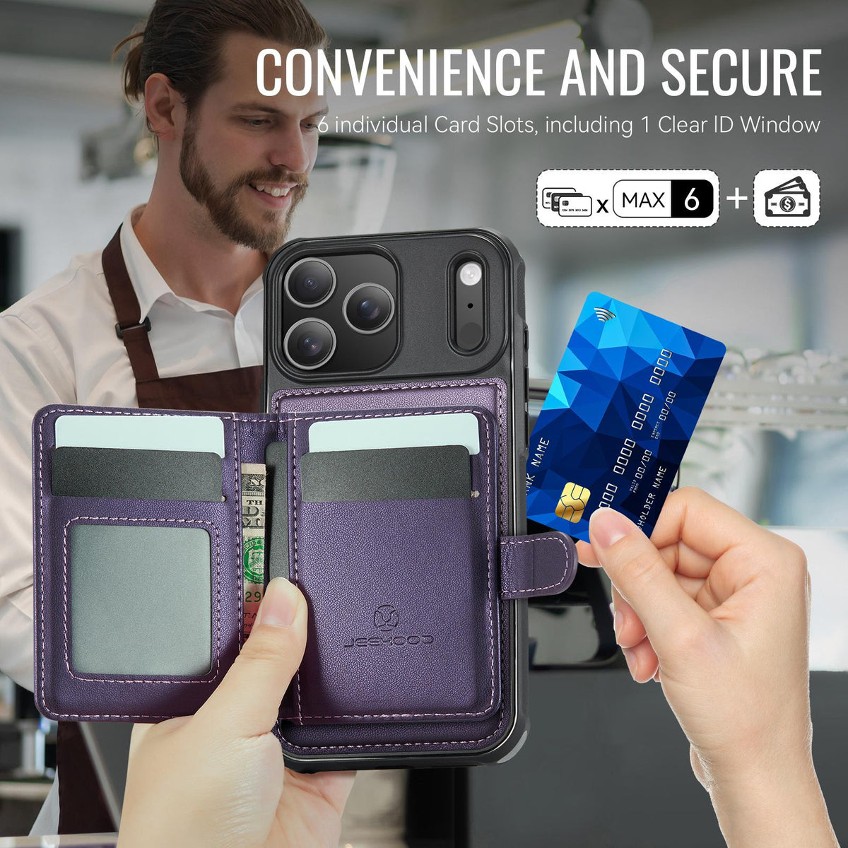 Compatible with iPhone 18 Pro Max JEEHOOD J09 Buckle Card Bag MagSafe Magnetic Style RFID Leather Phone Case - Purple