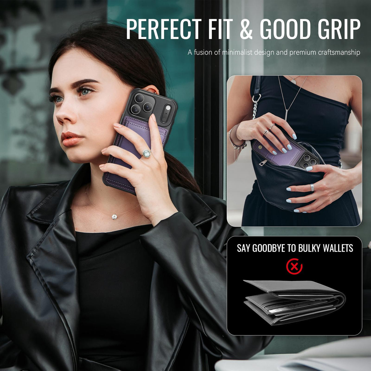Compatible with iPhone 18 Pro Max JEEHOOD J09 Buckle Card Bag MagSafe Magnetic Style RFID Leather Phone Case - Purple