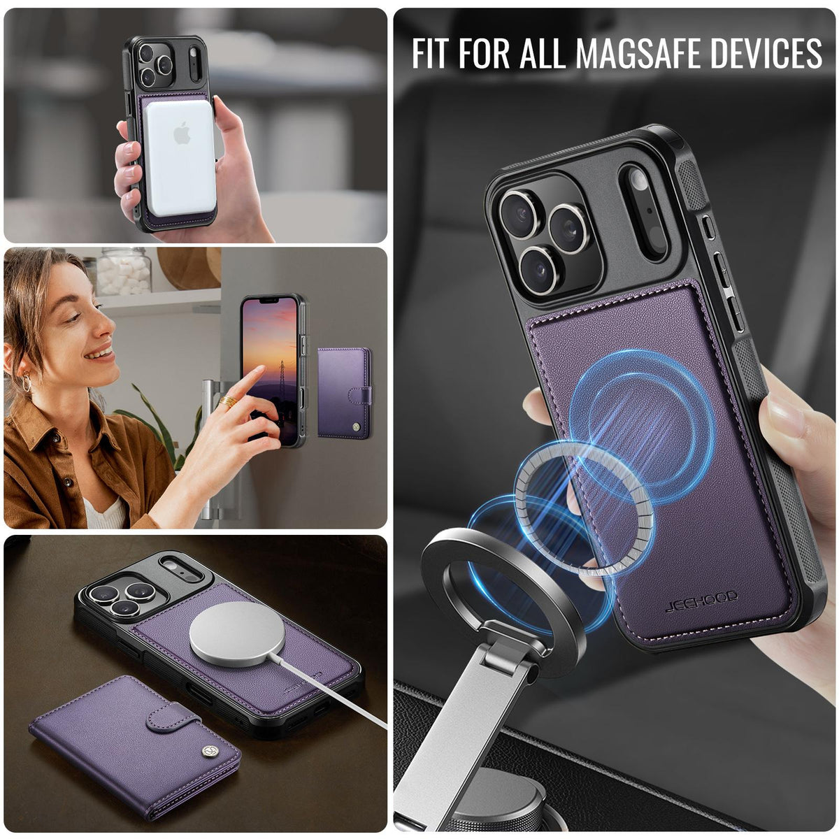 Compatible with iPhone 18 Pro Max JEEHOOD J09 Buckle Card Bag MagSafe Magnetic Style RFID Leather Phone Case - Purple