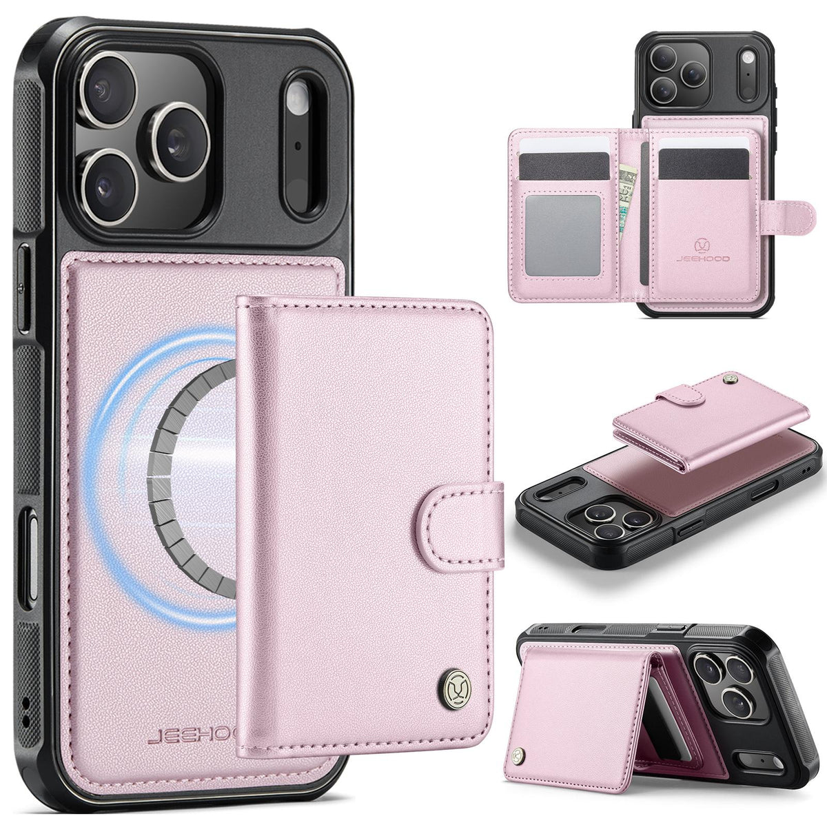 Compatible with iPhone 18 Pro Max JEEHOOD J09 Buckle Card Bag MagSafe Magnetic Style RFID Leather Phone Case - Pink