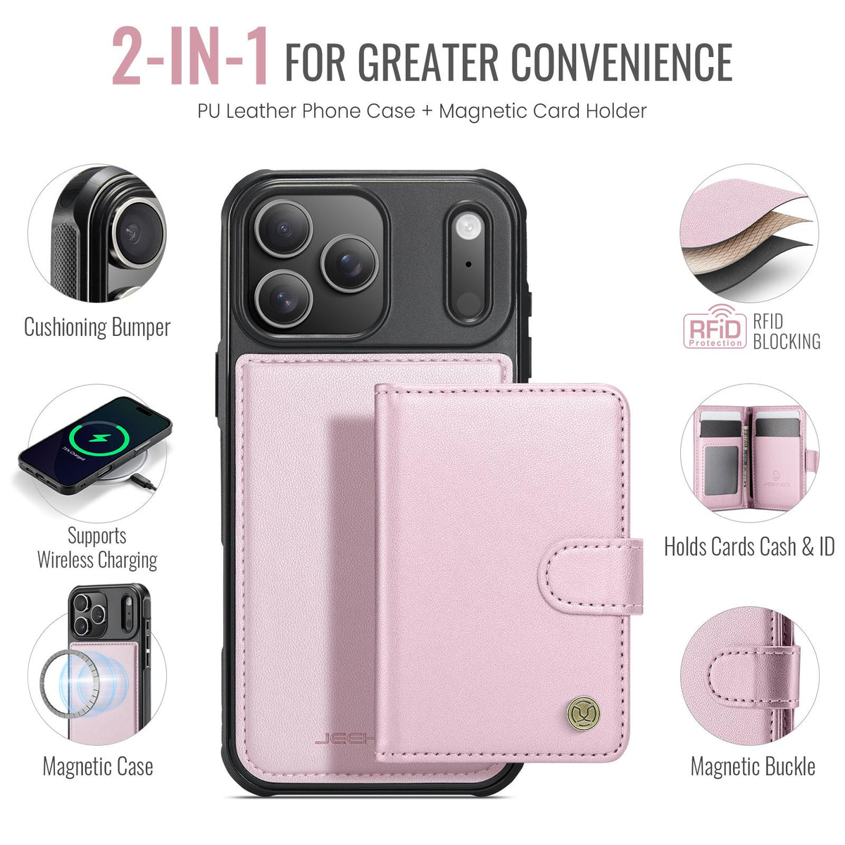 Compatible with iPhone 18 Pro Max JEEHOOD J09 Buckle Card Bag MagSafe Magnetic Style RFID Leather Phone Case - Pink