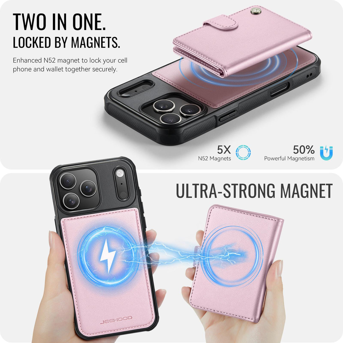 Compatible with iPhone 18 Pro Max JEEHOOD J09 Buckle Card Bag MagSafe Magnetic Style RFID Leather Phone Case - Pink