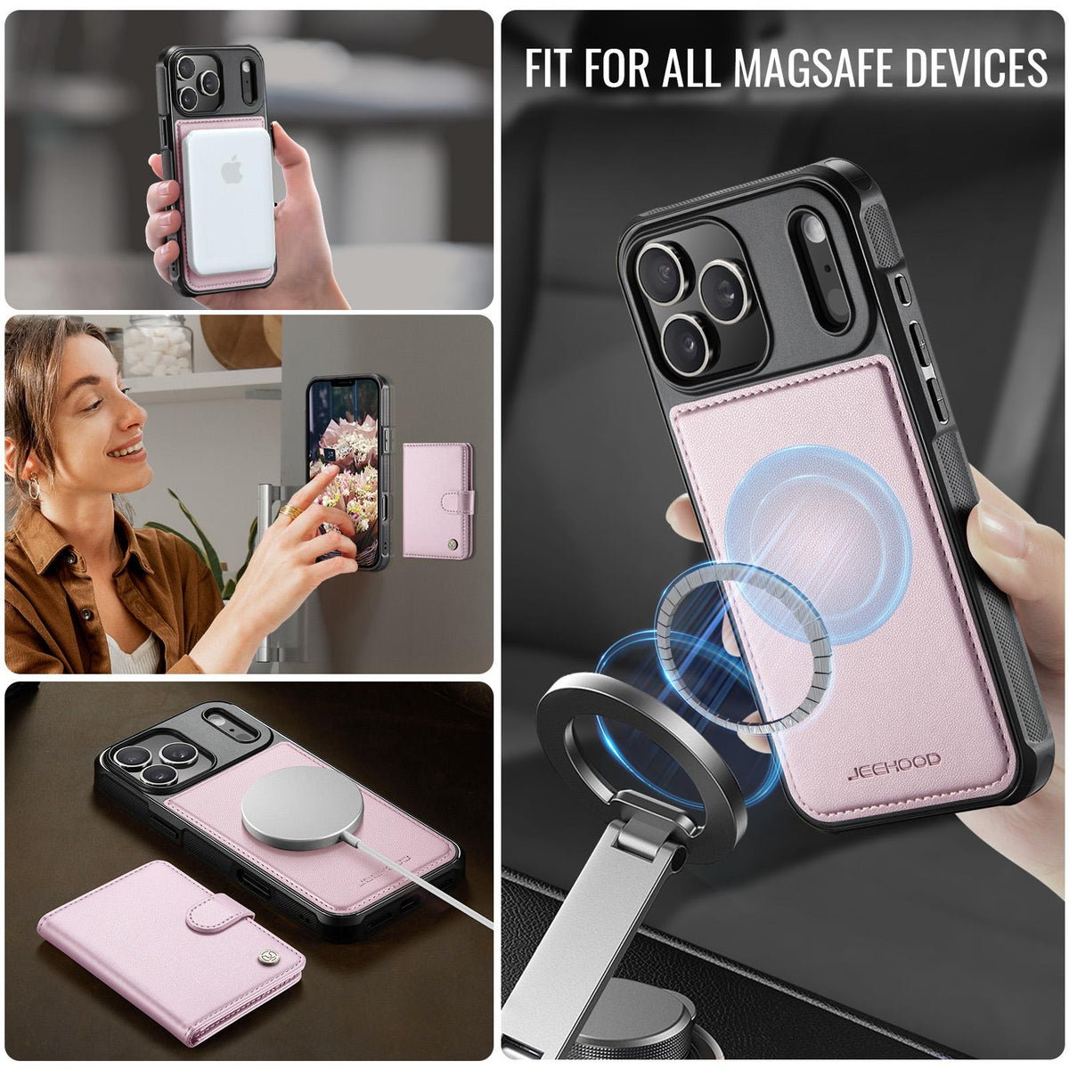 Compatible with iPhone 18 Pro Max JEEHOOD J09 Buckle Card Bag MagSafe Magnetic Style RFID Leather Phone Case - Pink