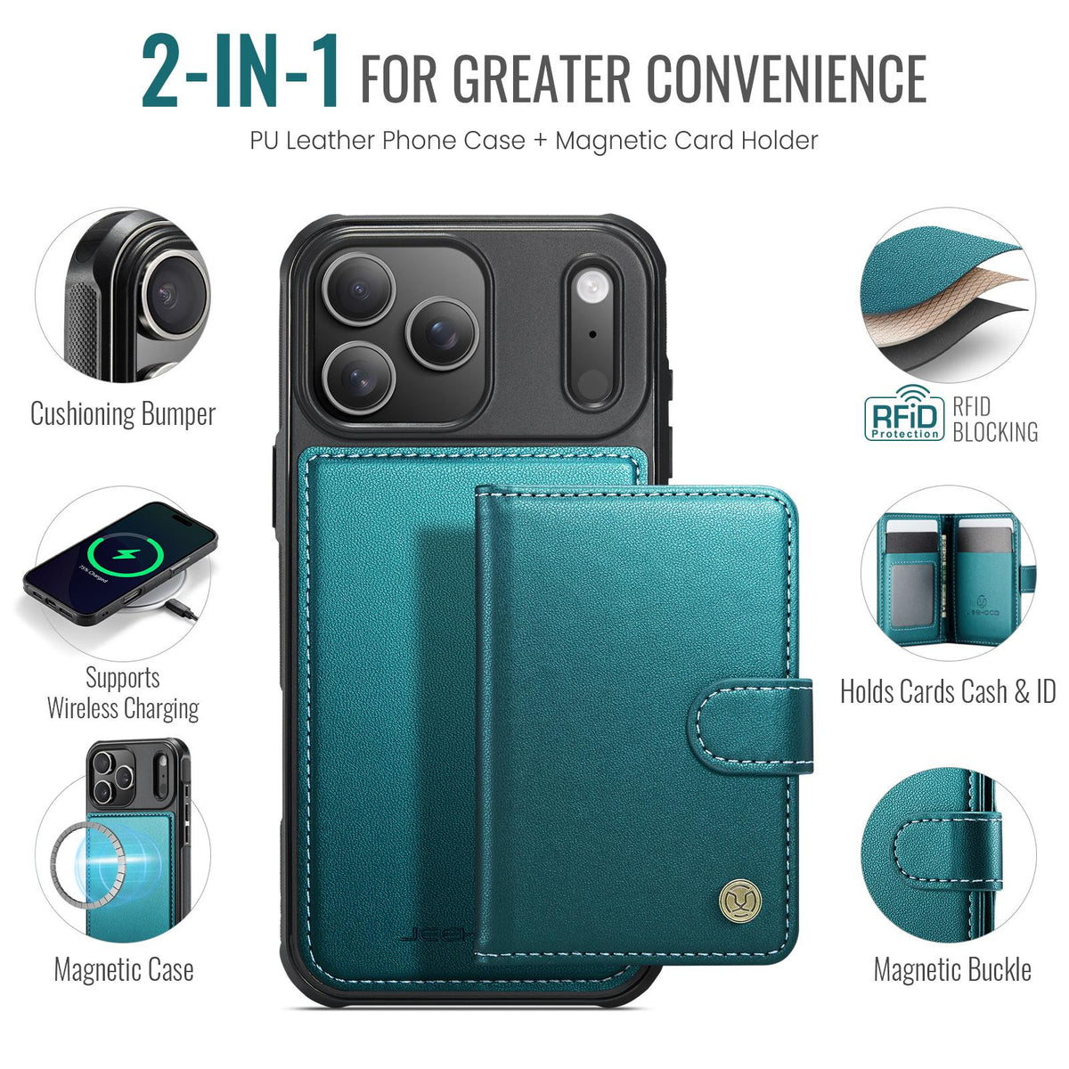 Compatible with iPhone 18 Pro Max JEEHOOD J09 Buckle Card Bag MagSafe Magnetic Style RFID Leather Phone Case - Green