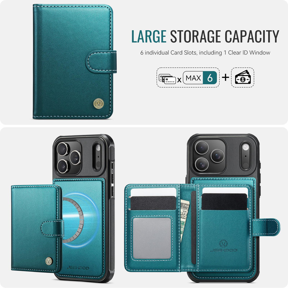 Compatible with iPhone 18 Pro Max JEEHOOD J09 Buckle Card Bag MagSafe Magnetic Style RFID Leather Phone Case - Green