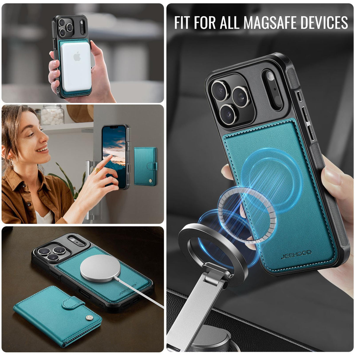 Compatible with iPhone 18 Pro Max JEEHOOD J09 Buckle Card Bag MagSafe Magnetic Style RFID Leather Phone Case - Green