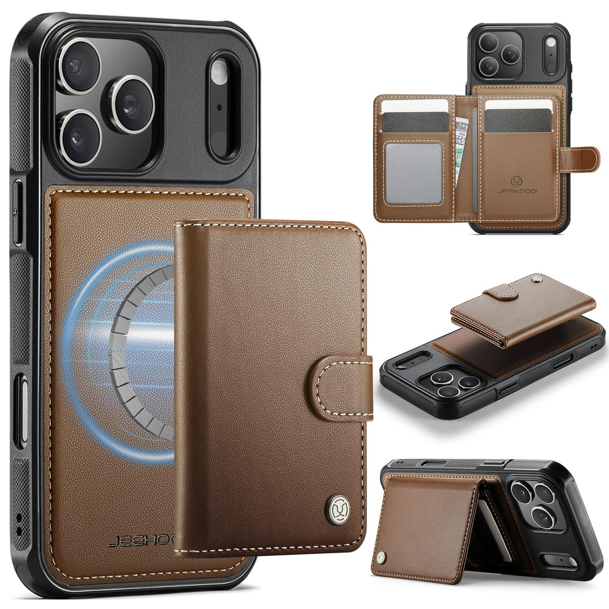 Compatible with iPhone 18 Pro Max JEEHOOD J09 Buckle Card Bag MagSafe Magnetic Style RFID Leather Phone Case - Brown