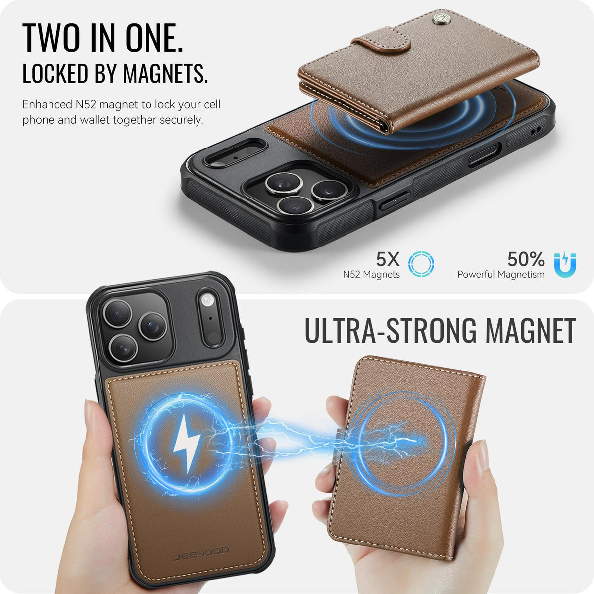 Compatible with iPhone 18 Pro Max JEEHOOD J09 Buckle Card Bag MagSafe Magnetic Style RFID Leather Phone Case - Brown