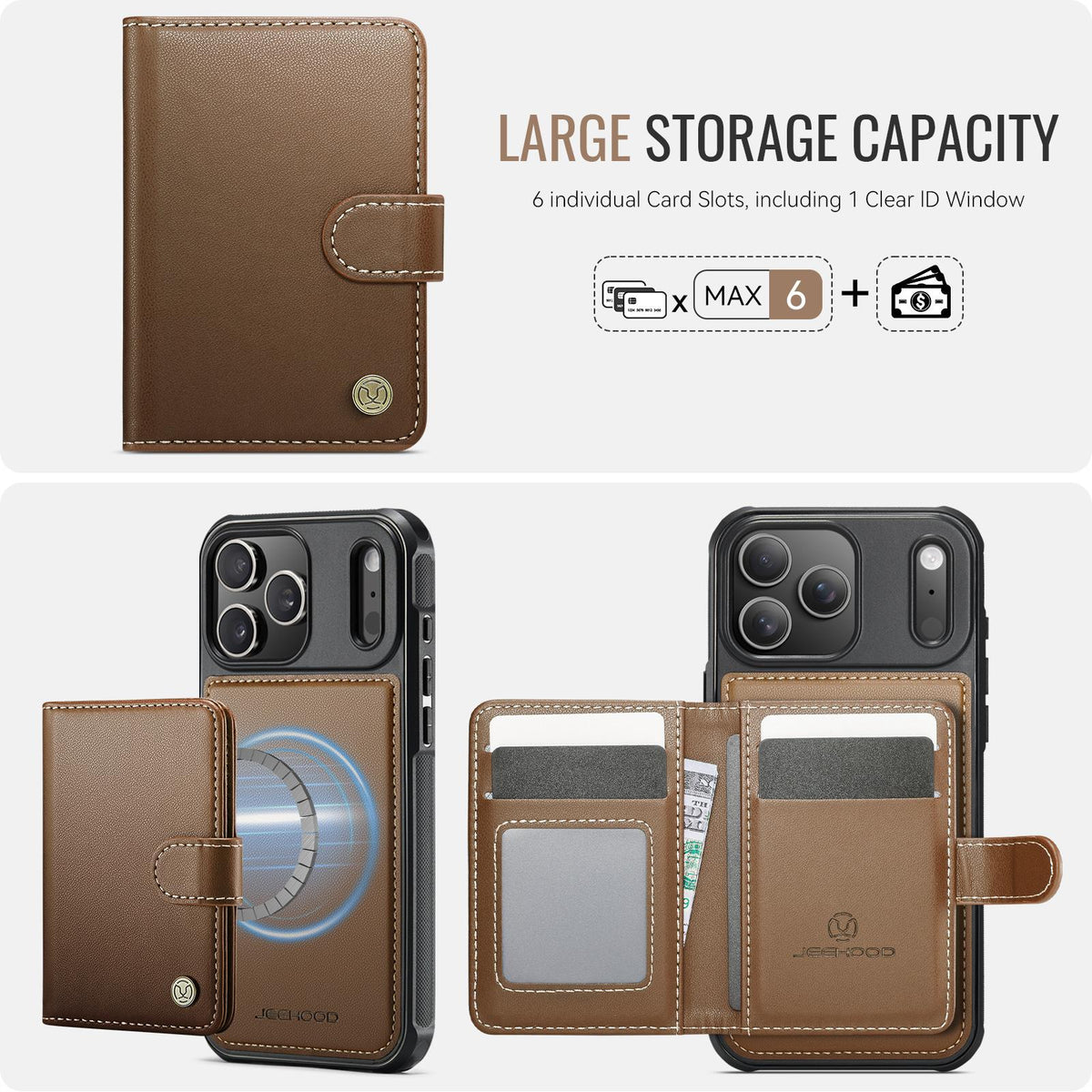 Compatible with iPhone 18 Pro Max JEEHOOD J09 Buckle Card Bag MagSafe Magnetic Style RFID Leather Phone Case - Brown