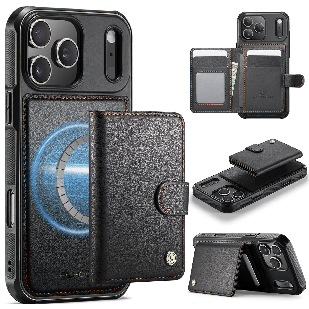 Compatible with iPhone 18 Pro Max JEEHOOD J09 Buckle Card Bag MagSafe Magnetic Style RFID Leather Phone Case - Black