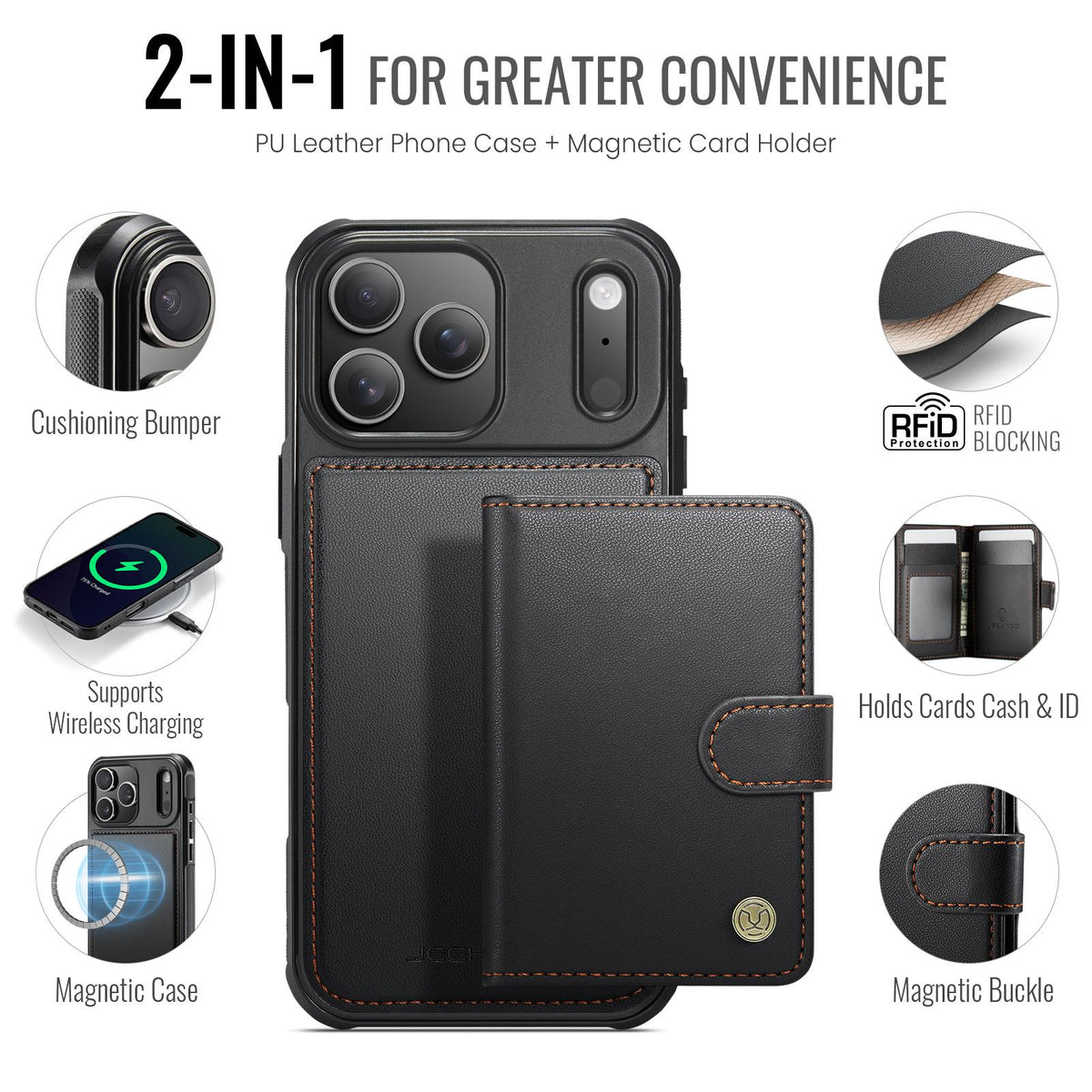 Compatible with iPhone 18 Pro Max JEEHOOD J09 Buckle Card Bag MagSafe Magnetic Style RFID Leather Phone Case - Black