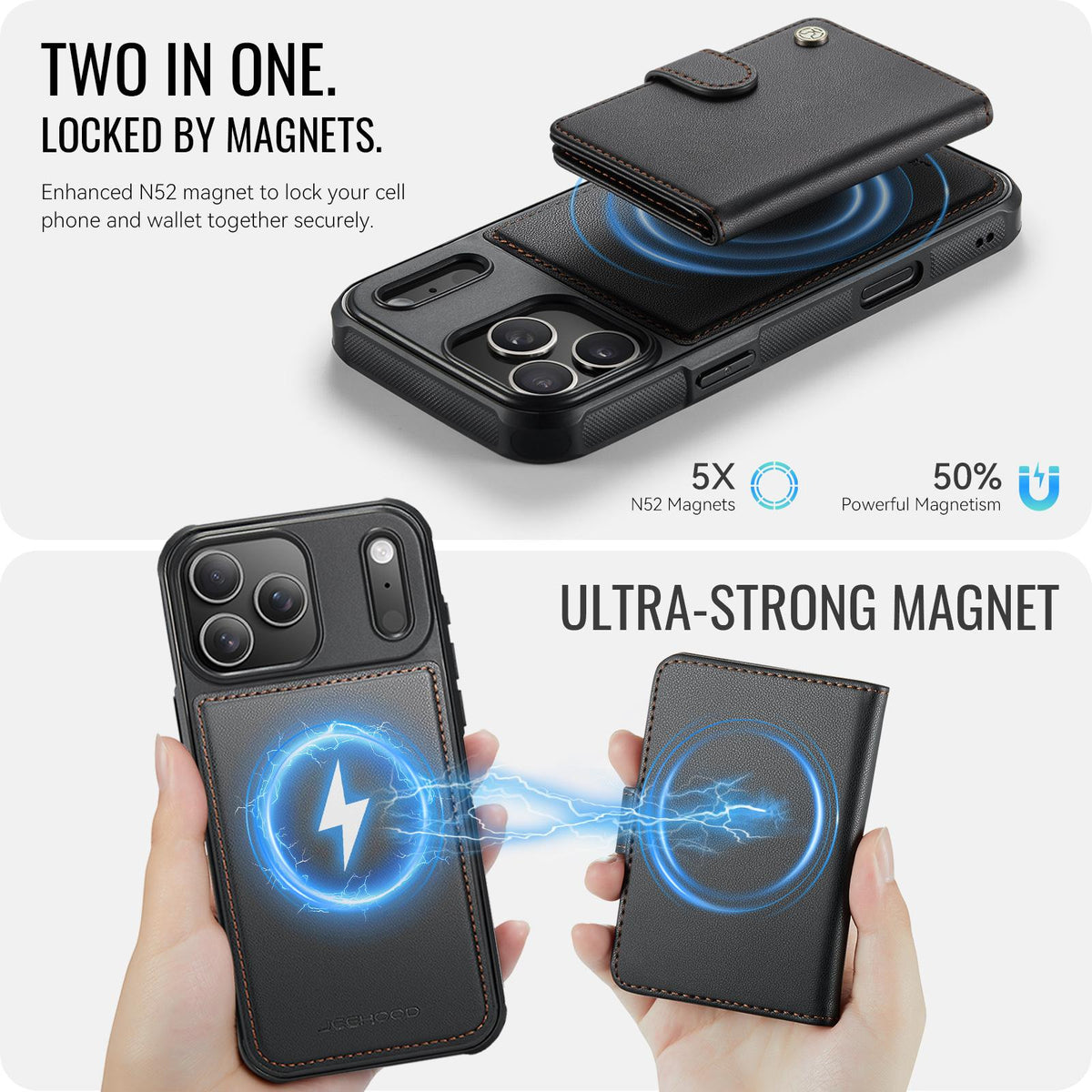 Compatible with iPhone 18 Pro Max JEEHOOD J09 Buckle Card Bag MagSafe Magnetic Style RFID Leather Phone Case - Black