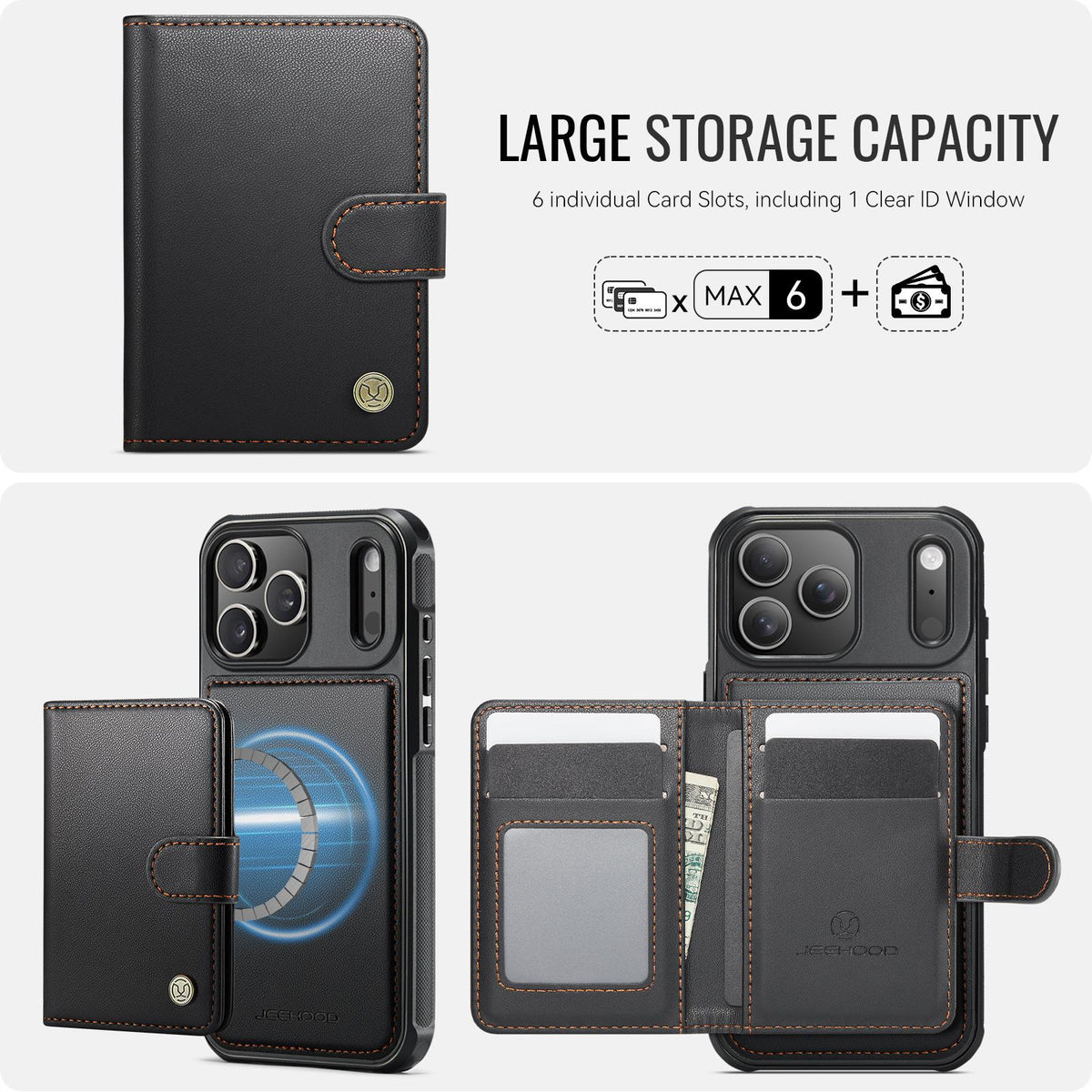Compatible with iPhone 18 Pro Max JEEHOOD J09 Buckle Card Bag MagSafe Magnetic Style RFID Leather Phone Case - Black