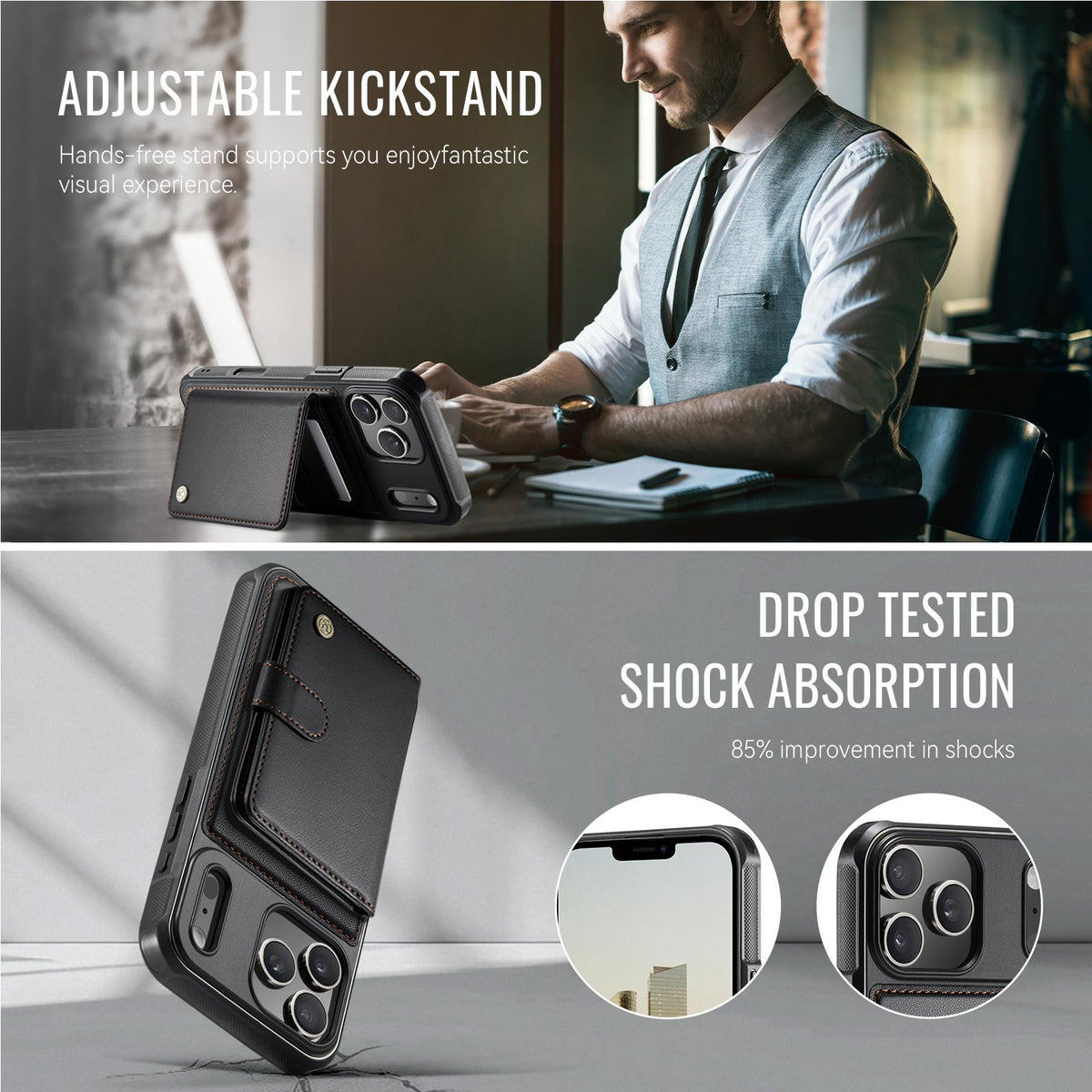 Compatible with iPhone 18 Pro Max JEEHOOD J09 Buckle Card Bag MagSafe Magnetic Style RFID Leather Phone Case - Black