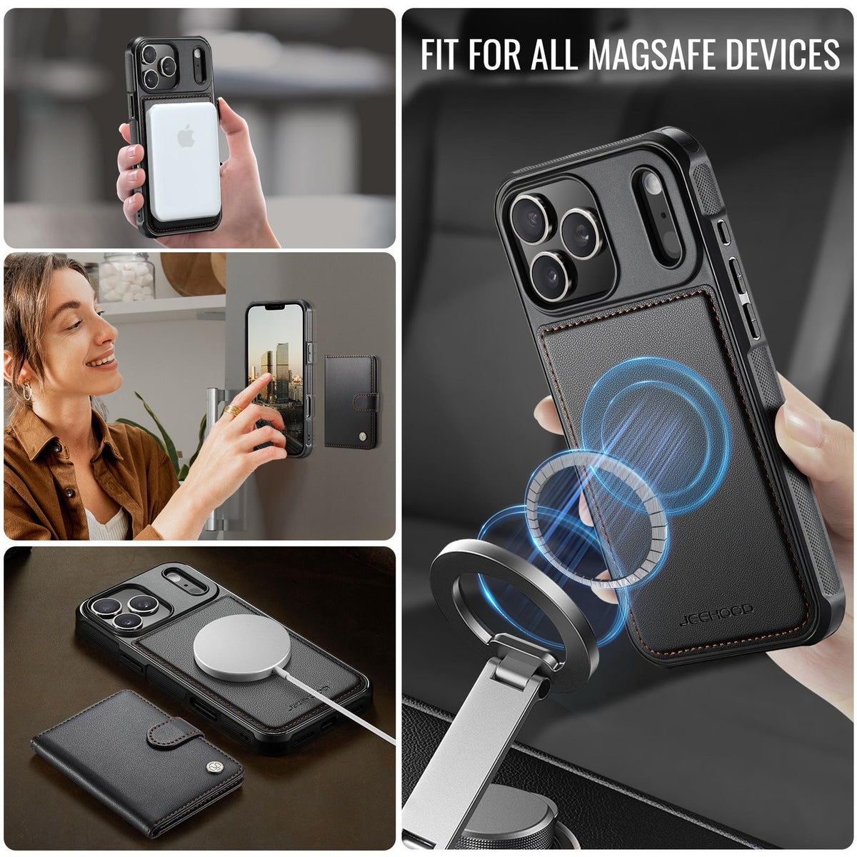 Compatible with iPhone 18 Pro Max JEEHOOD J09 Buckle Card Bag MagSafe Magnetic Style RFID Leather Phone Case - Black