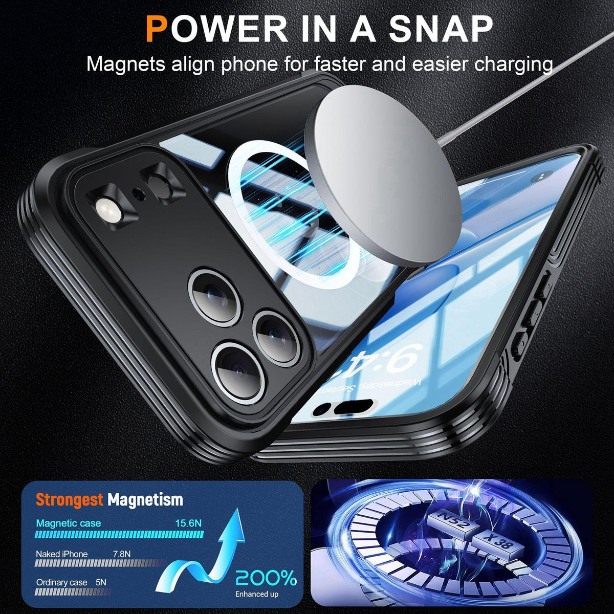 Compatible with iPhone 18 Pro Max Life Waterproof MagSafe Magnetic Rugged Phone Case - Black