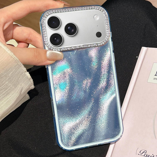 Compatible with iPhone 18 Pro Max & 17 Pro Max 3 in 1 Diamond Lens Frame Quicksand Pattern Phone Case - Blue