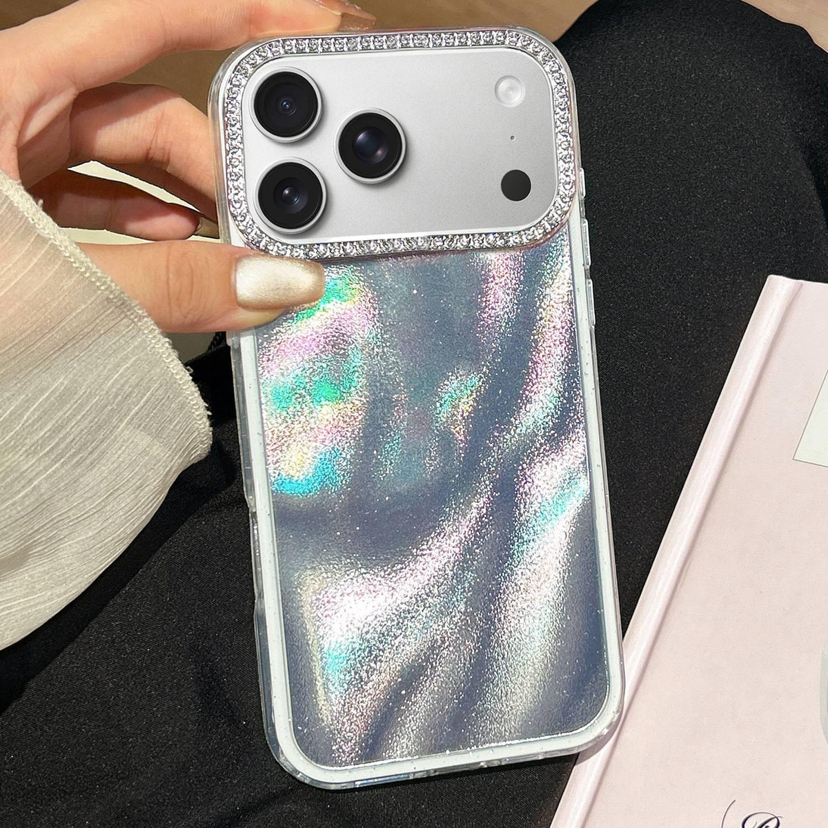 Compatible with iPhone 18 Pro & 17 Pro 3 in 1 Diamond Lens Frame Quicksand Pattern Phone Case - Silver