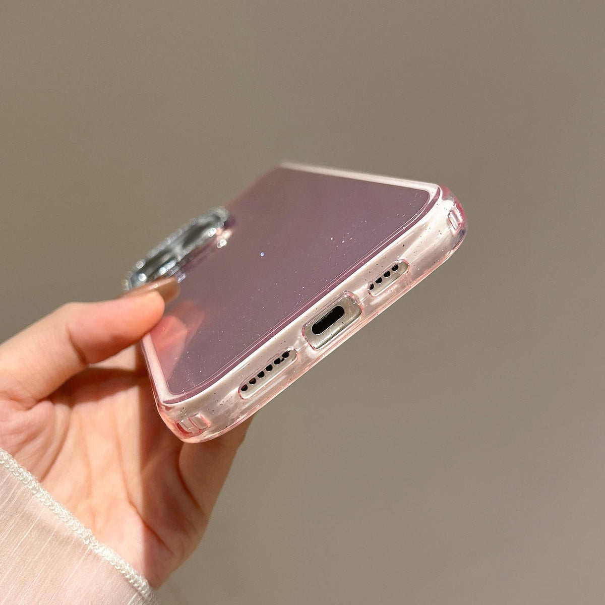 Compatible with iPhone 18 Pro Max & 17 Pro Max 3 in 1 Diamond Lens Frame Quicksand Pattern Phone Case - Silver