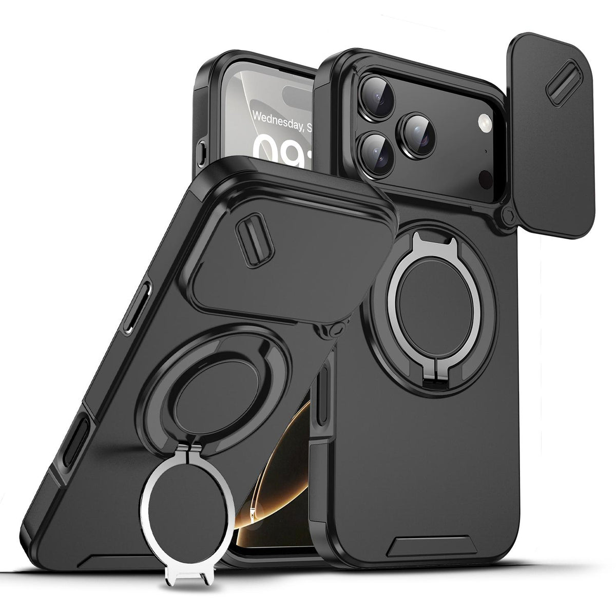 Compatible with iPhone 18 Pro Max Sliding Camshield Ring Holder Phone Case - Black