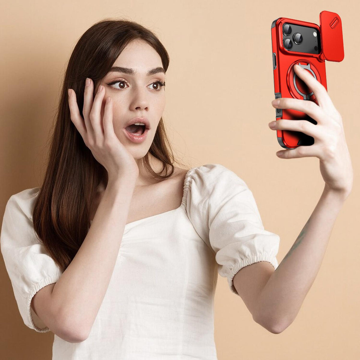 Compatible with iPhone 18 Pro Max Sliding Camshield Ring Holder Phone Case - Red