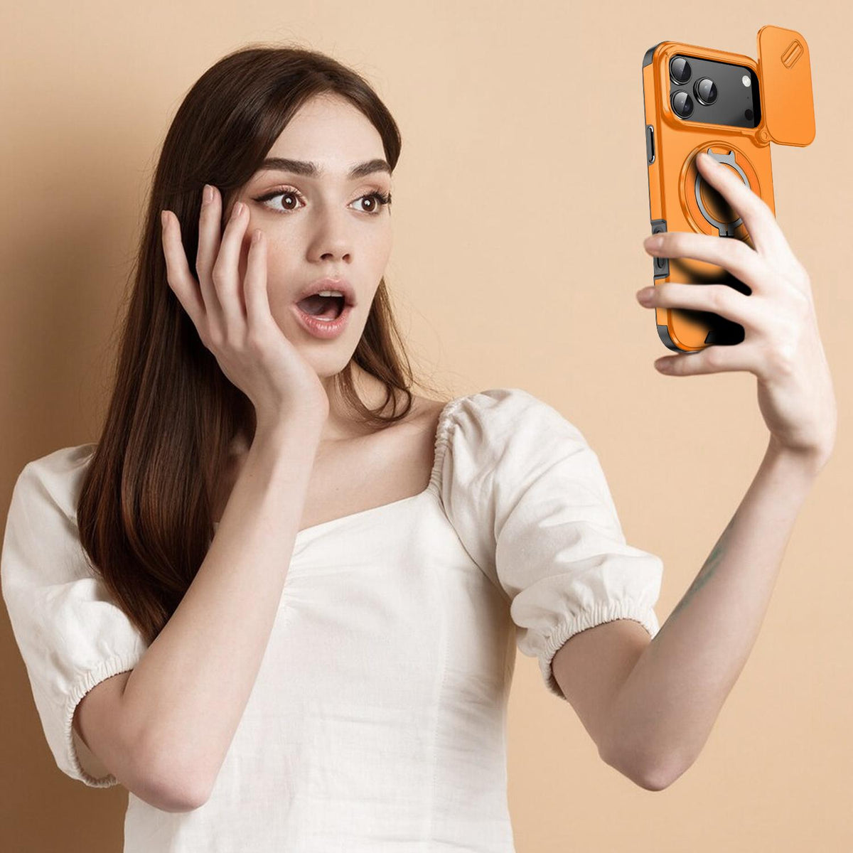 Compatible with iPhone 18 Pro Max Sliding Camshield Ring Holder Phone Case - Orange