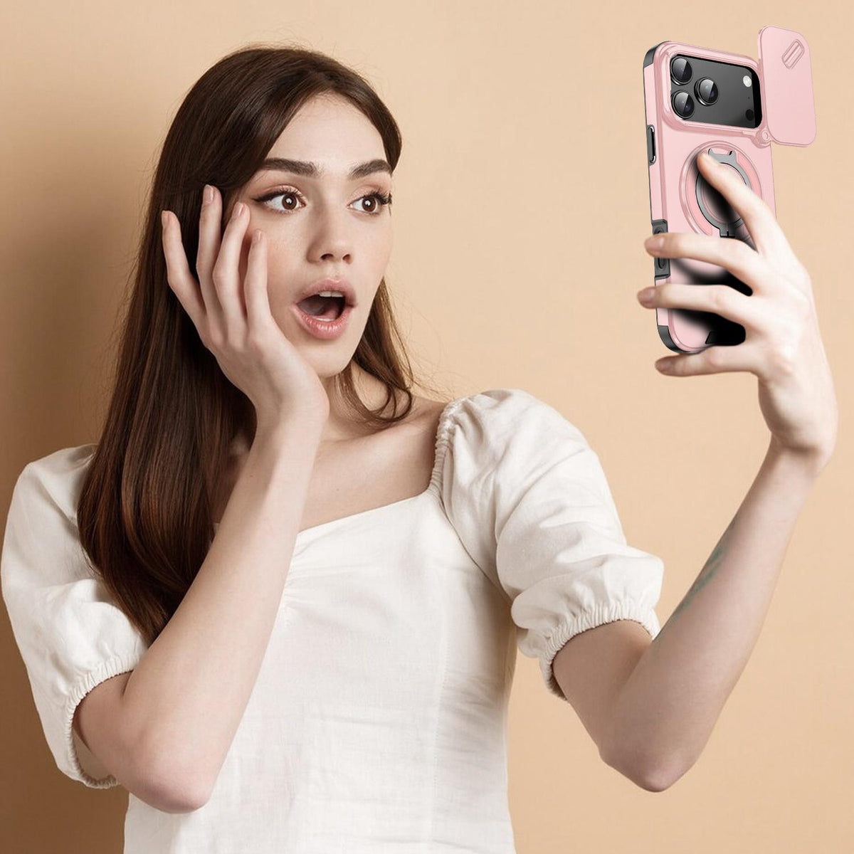 Compatible with iPhone 18 Pro Max Sliding Camshield Ring Holder Phone Case - Pink