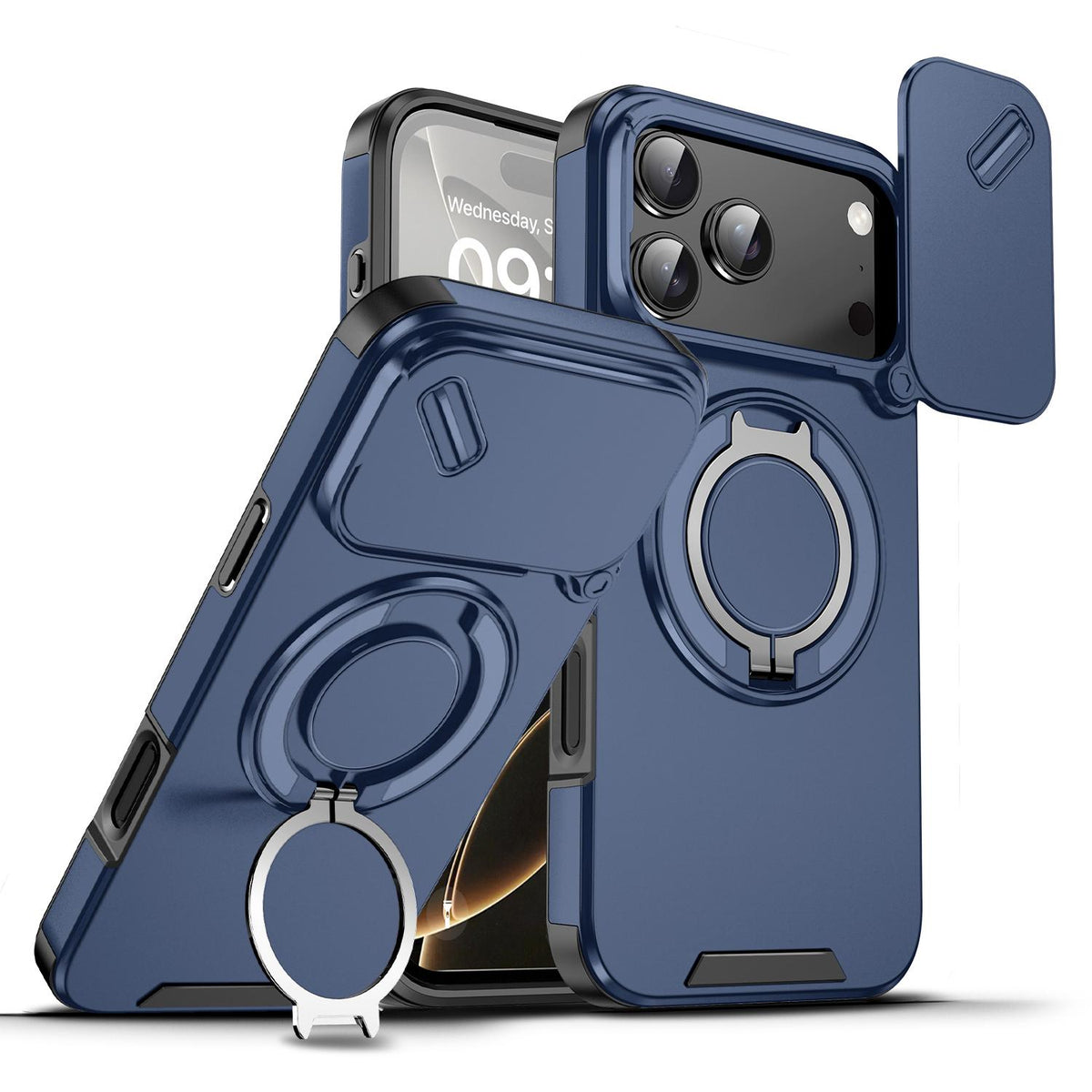 Compatible with iPhone 18 Pro Max Sliding Camshield Ring Holder Phone Case - Blue