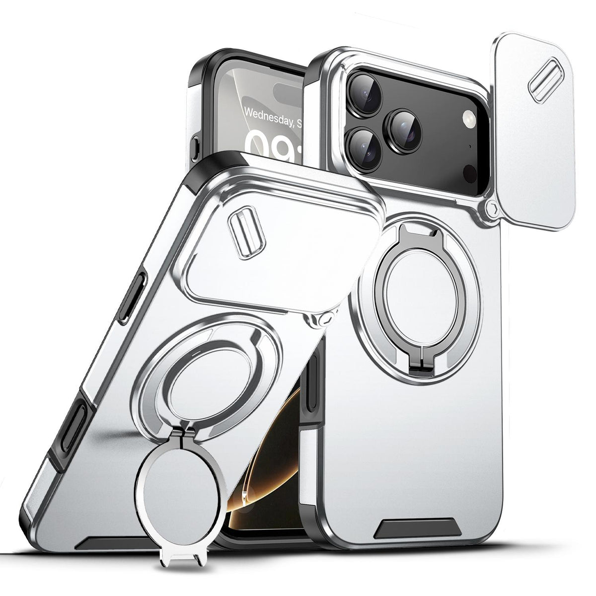 Compatible with iPhone 18 Pro Max Sliding Camshield Ring Holder Phone Case - Silver