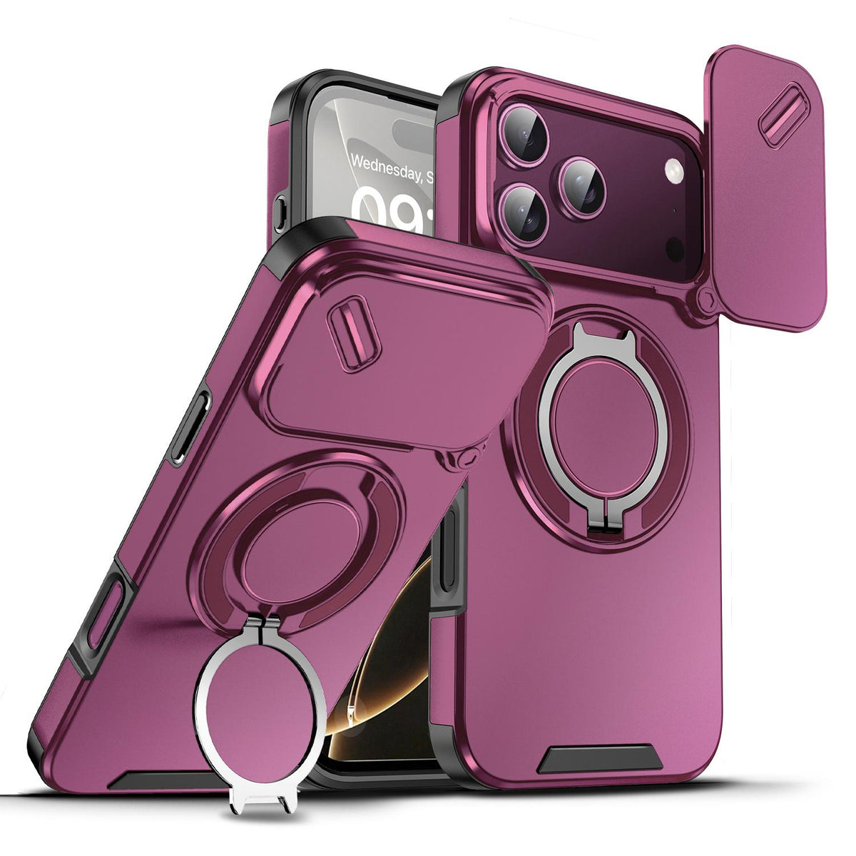 Compatible with iPhone 18 Pro Max Sliding Camshield Ring Holder Phone Case - Cherry Red