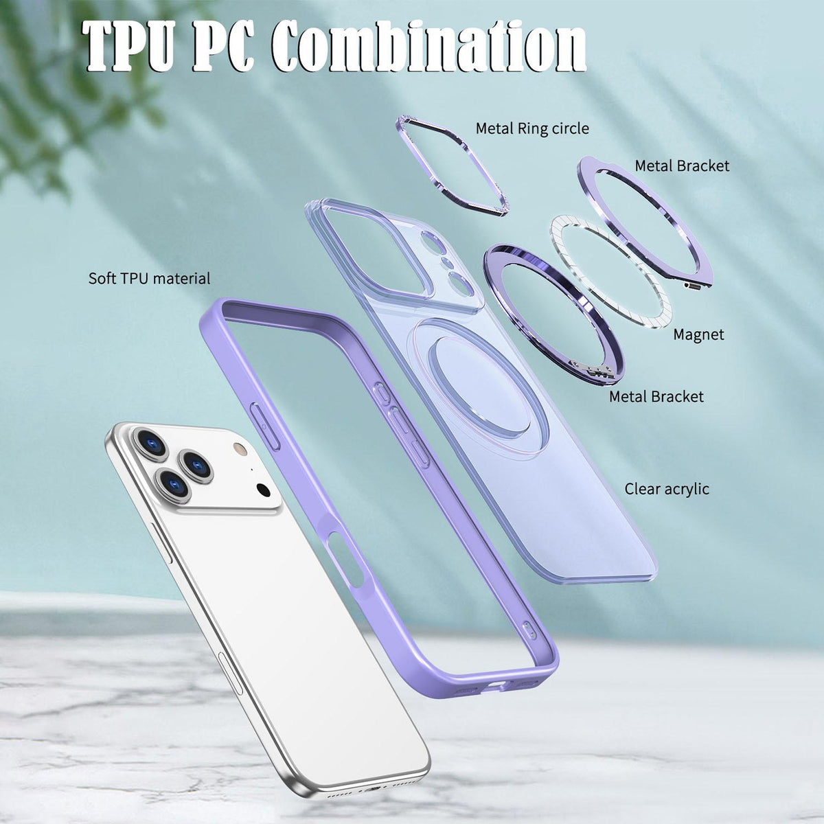 Compatible with iPhone 18 Pro Max kalebol MagSafe Metal Ring Holder Phone Case - Light Purple
