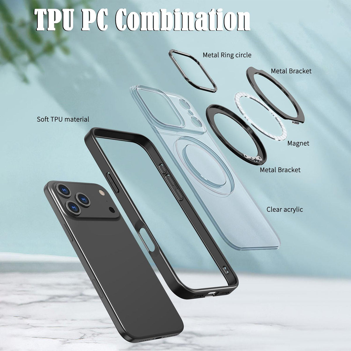 Compatible with iPhone 18 Pro Max kalebol MagSafe Metal Ring Holder Phone Case - Black
