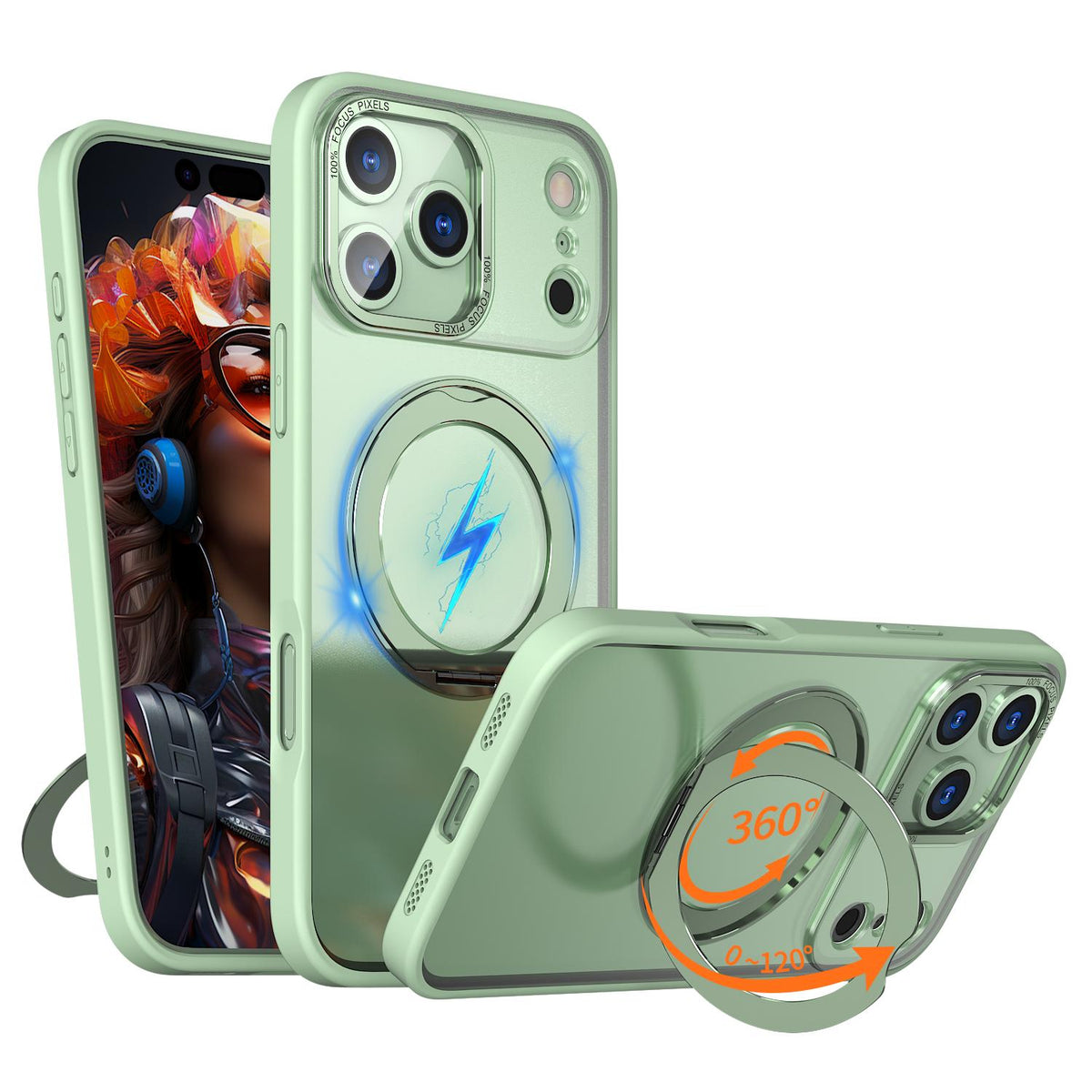 Compatible with iPhone 18 Pro Max kalebol MagSafe Metal Ring Holder Phone Case - Avocado Green