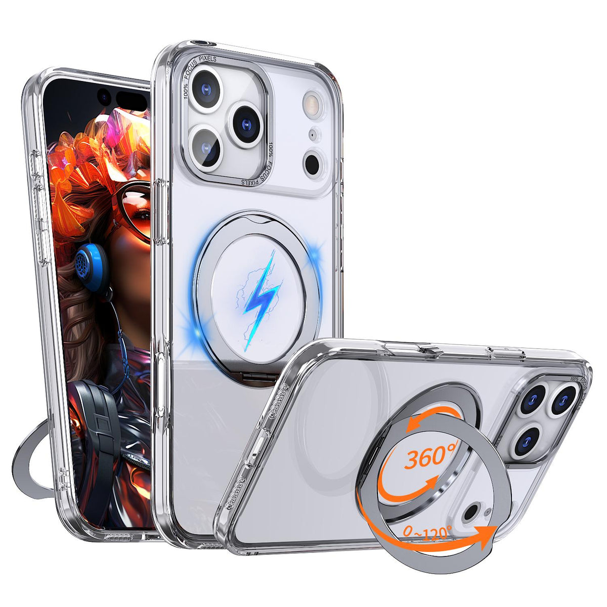 Compatible with iPhone 18 Pro Max kalebol MagSafe Metal Ring Holder Phone Case - Transparent