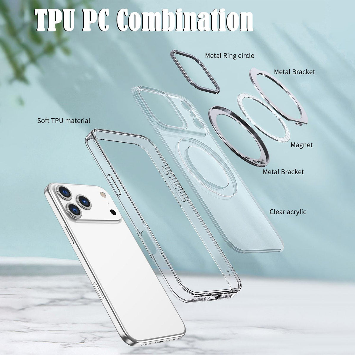 Compatible with iPhone 18 Pro Max kalebol MagSafe Metal Ring Holder Phone Case - Transparent