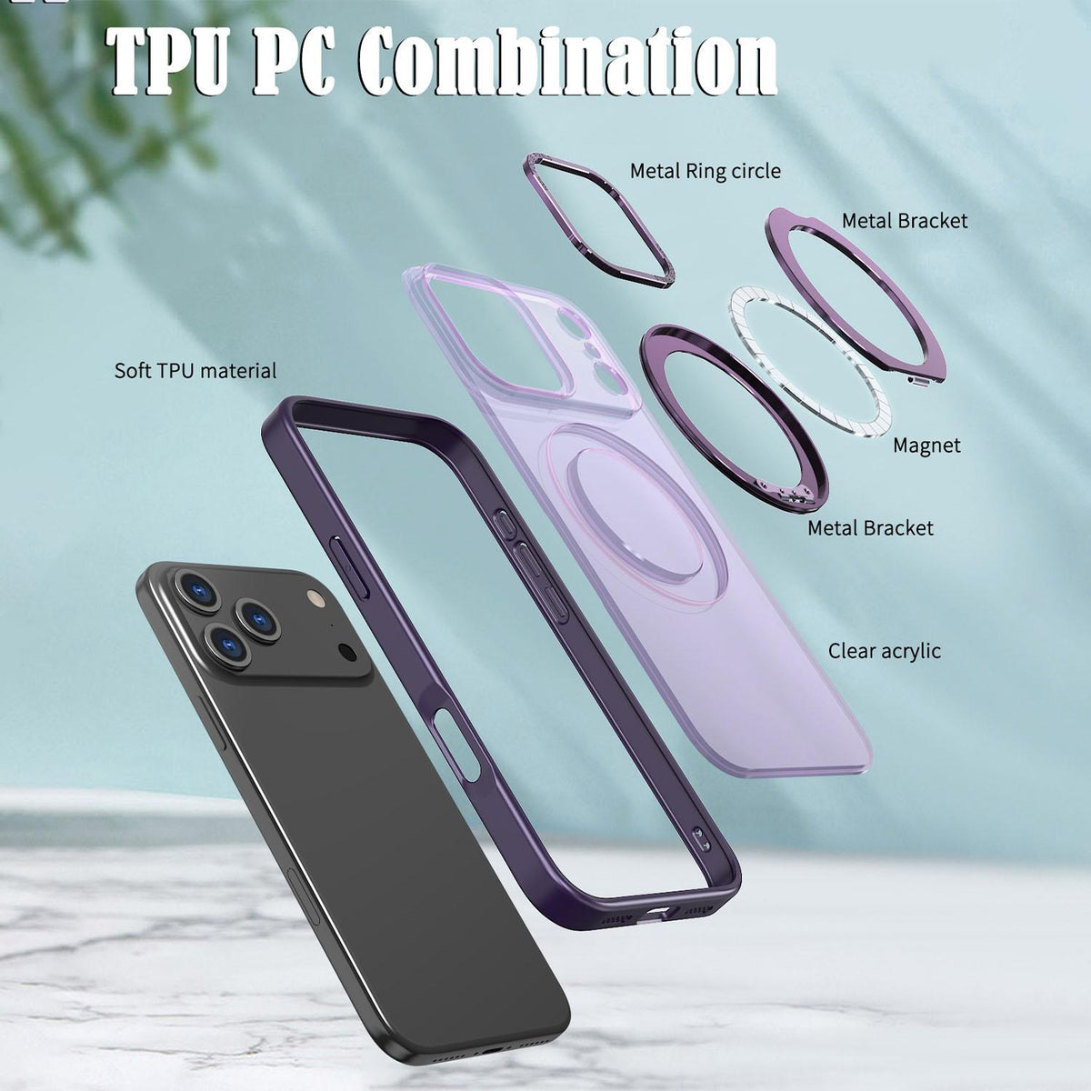 Compatible with iPhone 18 Pro Max kalebol MagSafe Metal Ring Holder Phone Case - Dark Purple