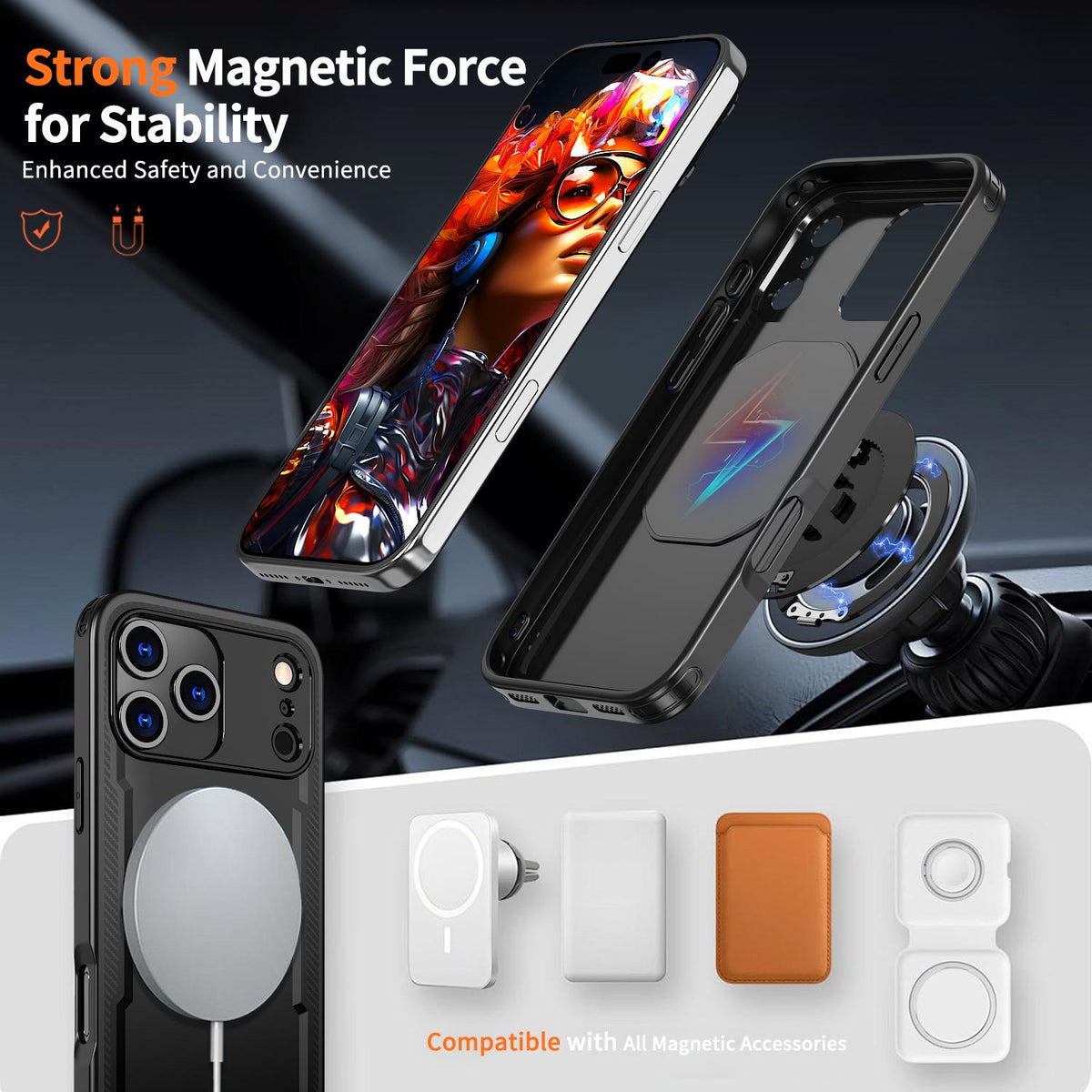 Compatible with iPhone 18 Pro Max kalebol Metal 360 Degree Rotation Holder MagSafe Phone Case - Black