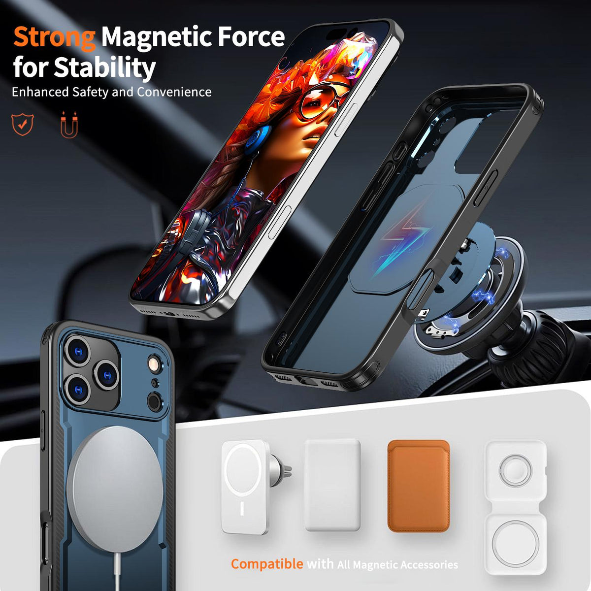 Compatible with iPhone 18 Pro Max kalebol Metal 360 Degree Rotation Holder MagSafe Phone Case - Navy Blue
