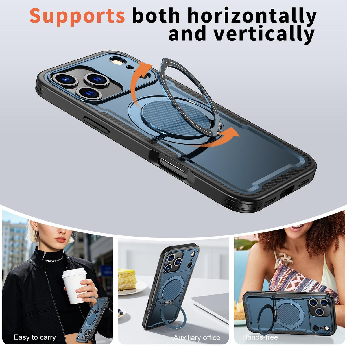 Compatible with iPhone 18 Pro Max kalebol Metal 360 Degree Rotation Holder MagSafe Phone Case - Navy Blue