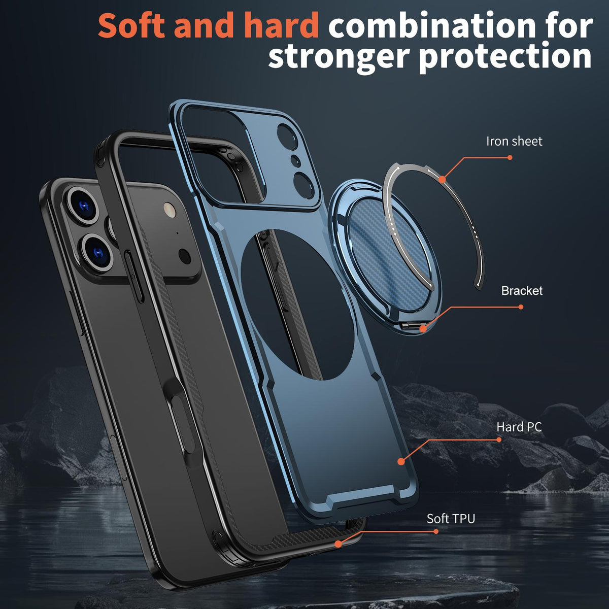 Compatible with iPhone 18 Pro Max kalebol Metal 360 Degree Rotation Holder MagSafe Phone Case - Navy Blue